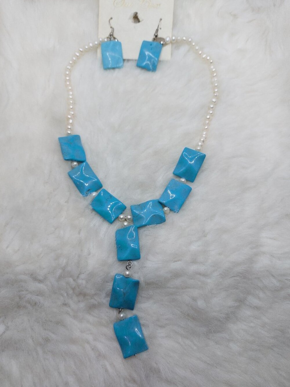 Turquoise-dyed and Natural Pearl Beads Y-shaped Necklace and Matching Earring